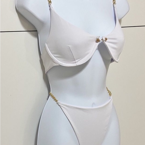 White Bikini with Gold Metal Strap Accents Womens Size Large - Picture 4 of 5